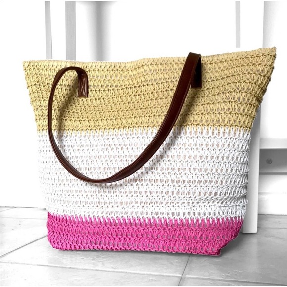 Blossom Boutique Handbags - 1 LEFT! Colorblock Raffia Crochet Summer Three Tone Tote Bag Brown Leather Strap